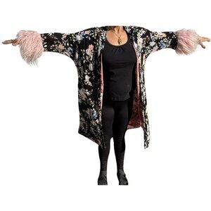 NEW Jennafer Grace Floral Kimono Wrap Jacket Leopard Trim Tie Waist XL Boho